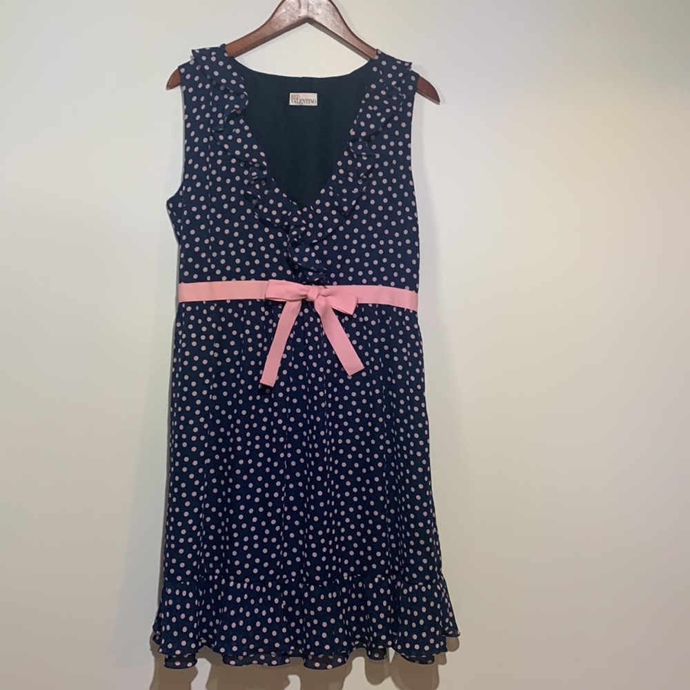 RED Valentino Navy Polka Dot Midi Dress with Pink Waist Tie